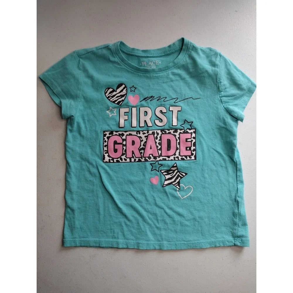 The Childrens‎ Place Girls First Grade Graphic Tee Teal Blue Animal Print S 5/6
